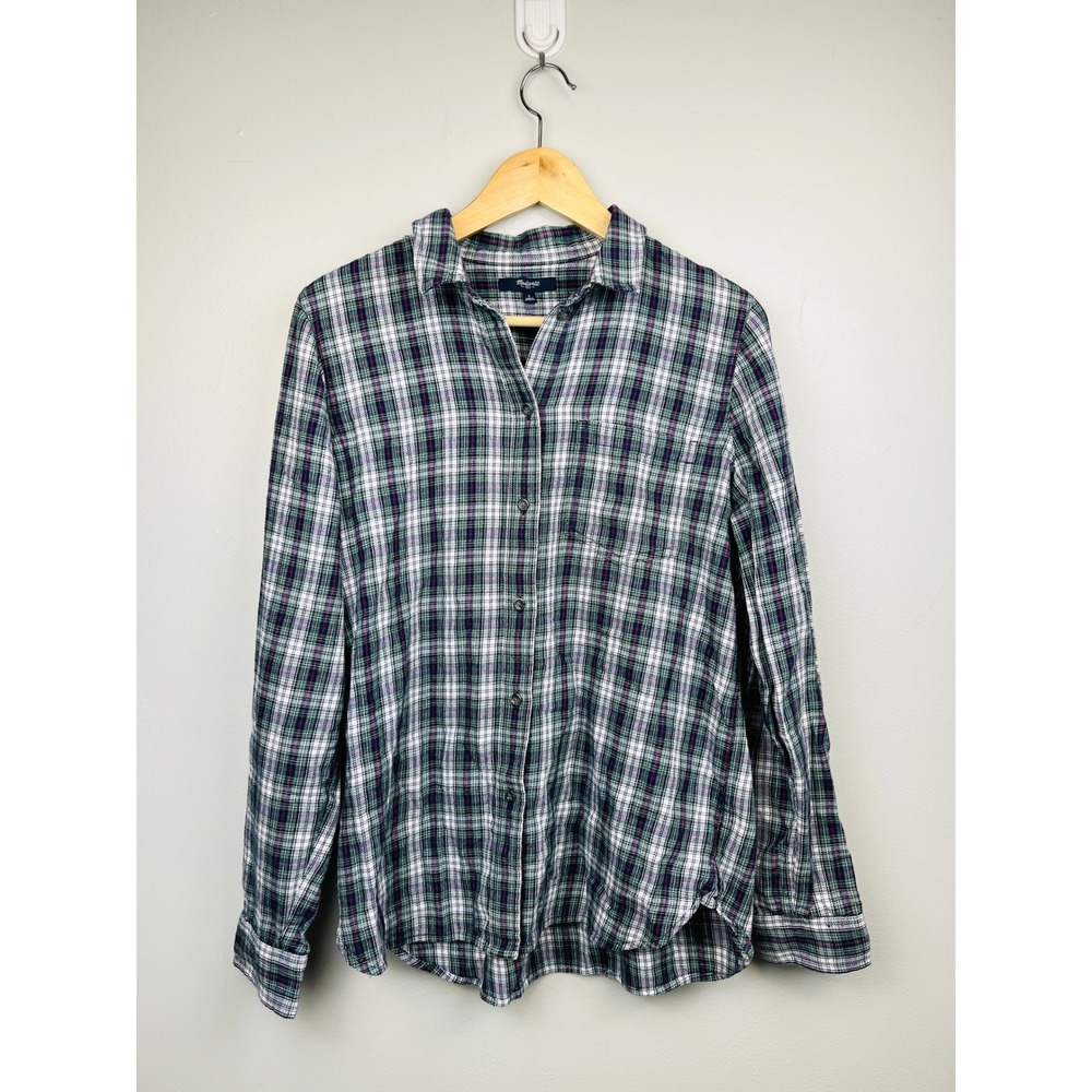 Madewell Plaid Button Down Shirt L Green Navy Blue Coastal Grandma Preppy Office